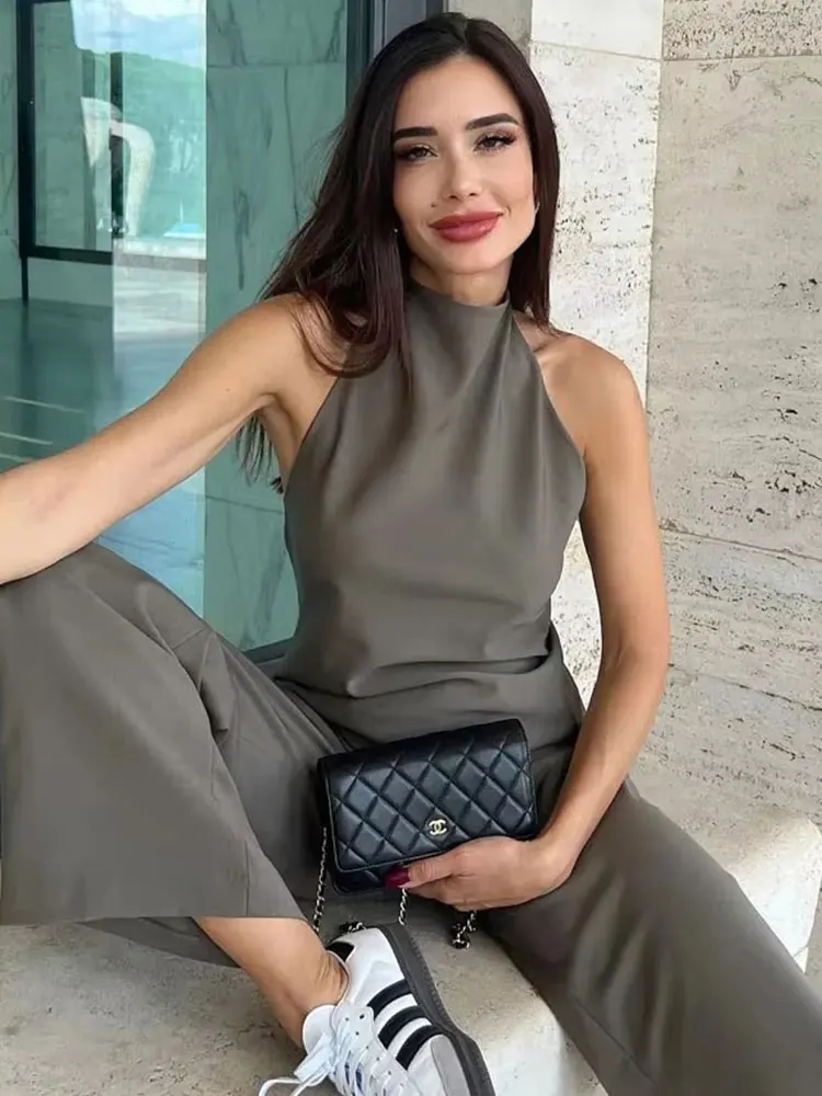 HH Women Vintage Solid Pant Sets Sexy Backless Halter Camis Top Asymmetric Tank Top + Drawstring Trousers Fashion Streetwear