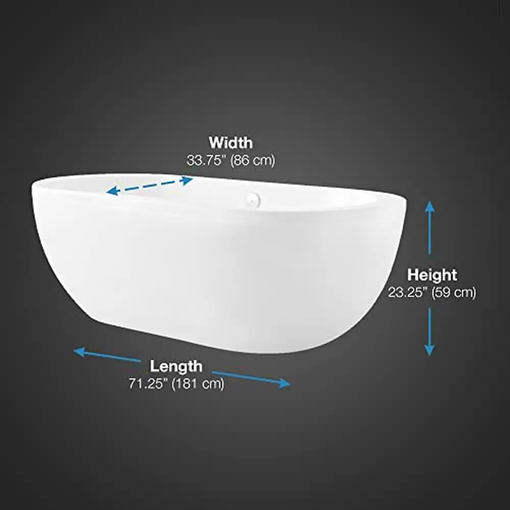 Freestanding Gloss White Acrylic Oval Tub 34"x71" Center Drain Spa-like Relaxation Lightweight & Strong Deck/Wall Mount Faucet 3