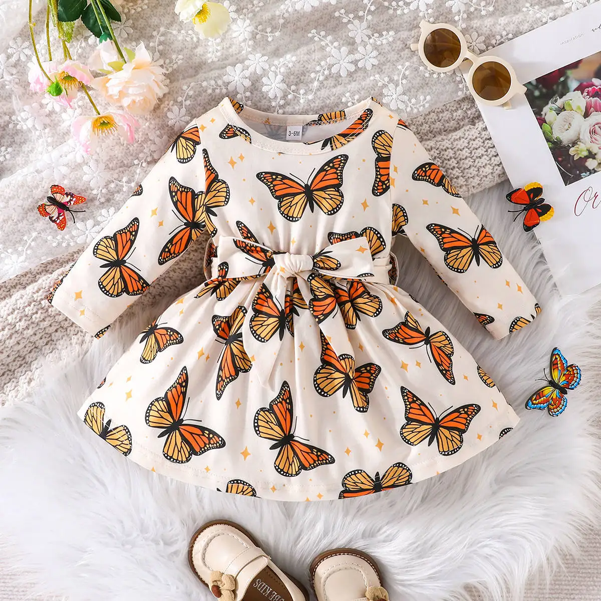 

Laura Kors 2023 New Winter New Arrivals Girls Dress Long Sleeve Print Butterfly Apricot Sweet Baby Dress Vestidos 0-2T