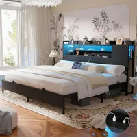King Bed Frame with Headboard, King Size Metal Platform Bed Frame with Reversible Storage Bookcase Headboard,Noise Free, Black 1