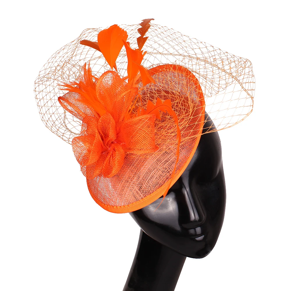 

Orange Sinamay Fascinator Hats Feather Wedding Party Races Kentucky Derby Ascot Church Cocktail Event New Design Nice Occasion