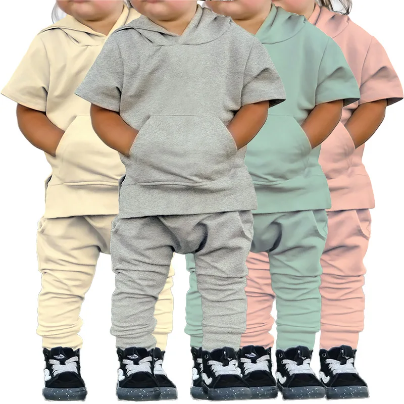 

2023 Toddler Summer Boys Girls Clothing Sets Solid Color T-Shirts Shorts 2Pcs Suit For Kids Clothes Sibling Casual Outfit