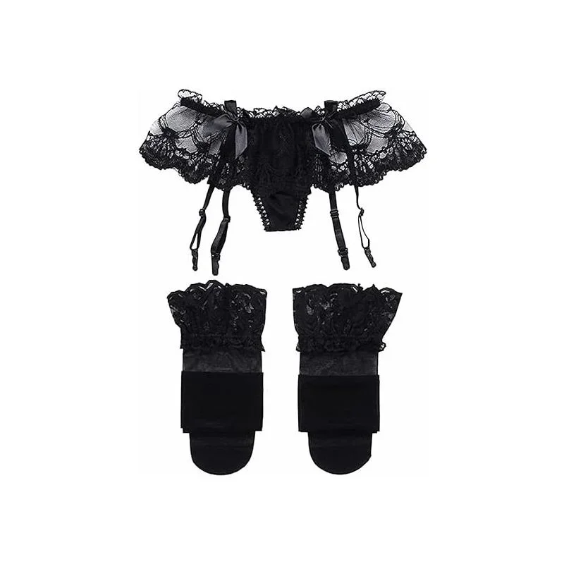 Women Lace Garter Belt and Stockings Set Jacquard Suspenders Panty Satin Bow Mini Skirt Hosiery Mesh Lingerie Pantyhose