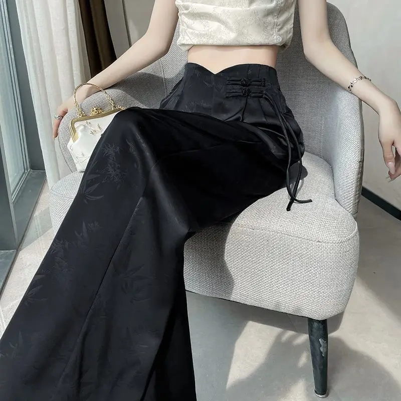 Fabric: New Chinese style wide leg pants, women's jacquard satin double button suit pants, high waisted casual pants