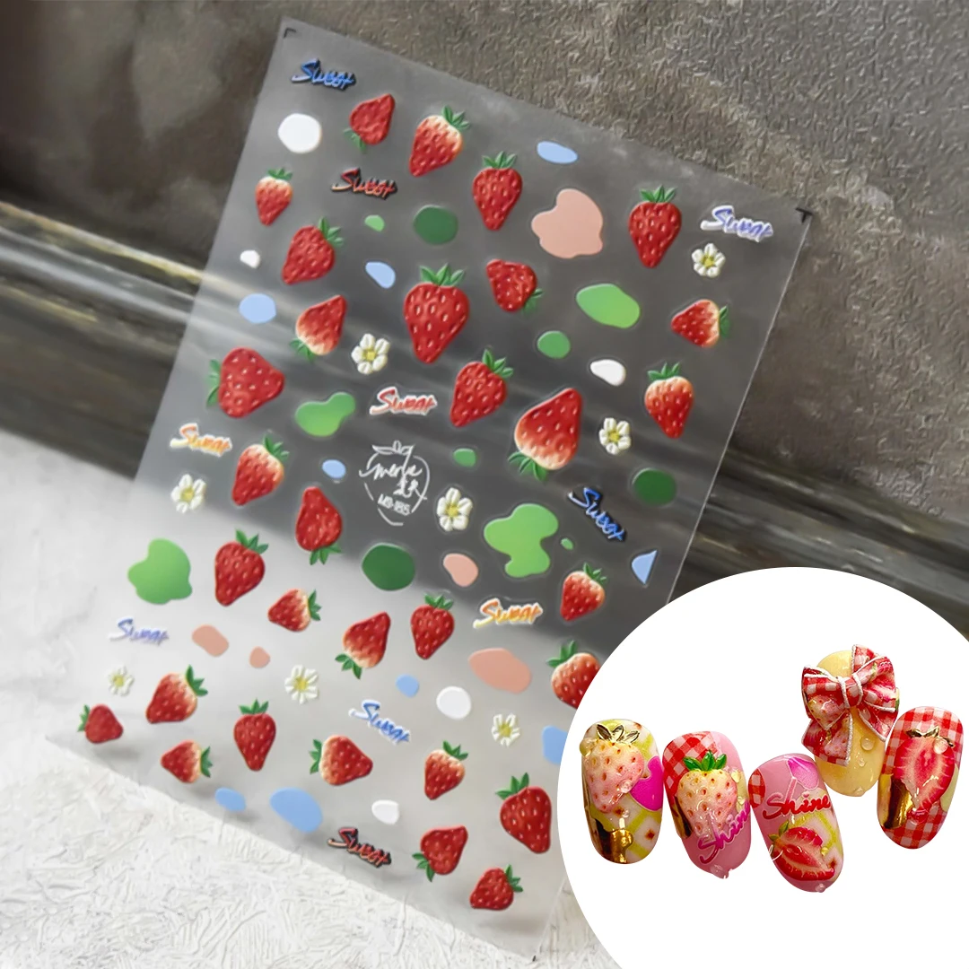 

Spring Strawberry Nail Stickers Fruit 5D Cute Engraved Press on Nail Art Transfer Decorations Nail Decals French Manicure