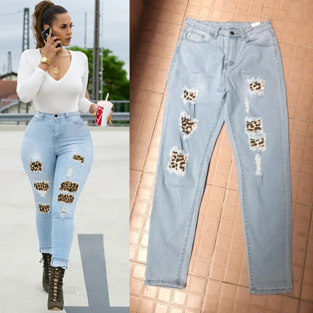 Spring 2022 European/American Women's Jeans Slim Fit High-stretch Jeans  Leopard Print Patch Designs Women's Pencil Pants - AliExpress