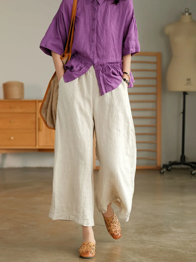 2023 Cotton Linen Home Wear Loose Pants for Women Summer Casual Wide Leg Trousers Purple Soft Capri Pants Women's Joggers New