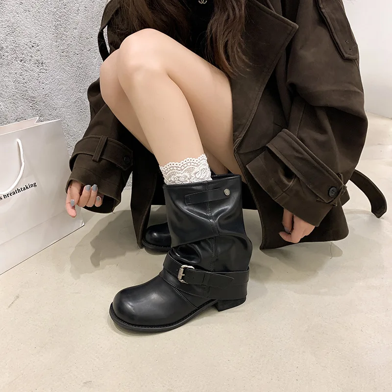 2026Autumn Winter Thick Heel Women Western Cowboy Boots Fashion Belt Buckle Slip On Shoes Ladies Vintage Pleated Short Booties