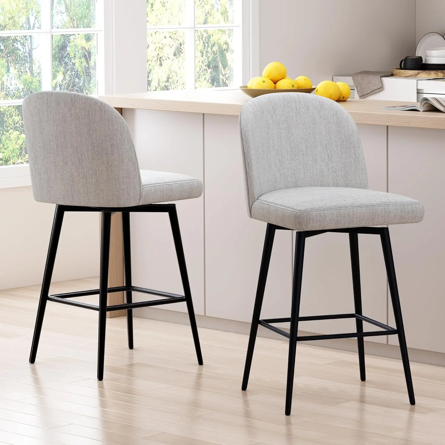 

2024 Bar Stools Set of 2, 360° Swivel Barstools w/ Back & Metal Frame, 26" H Seat Height, Linen Upholstered Counter Stools Grey