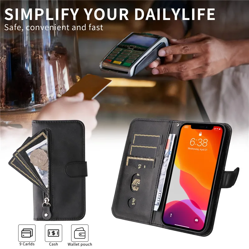 Magnetic Wallet Flip Cover with Leather Case & Zipper Bags - Protective Coque