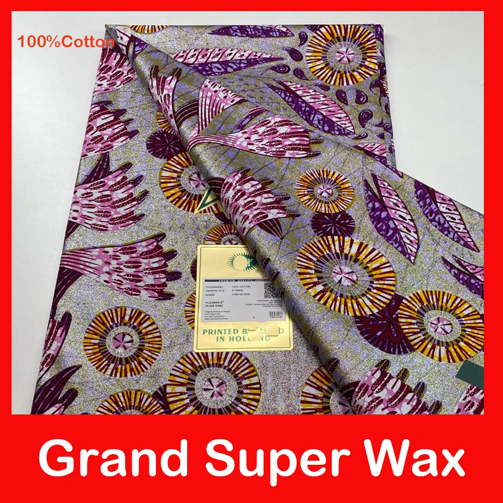 Super Good Qulaity African Wax Fabric Cotton Material New Grand Wax Ankara Shine Pagne Grey Color Golden Shine Stuff Batik 6yard