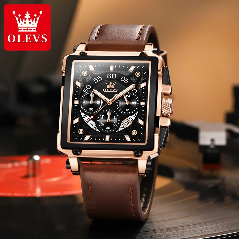 OLEVS 9919 Quartz Watch for Men Chronograph Multifunctional Wristwatch Leather strap Square Big Dial Leisure Sports