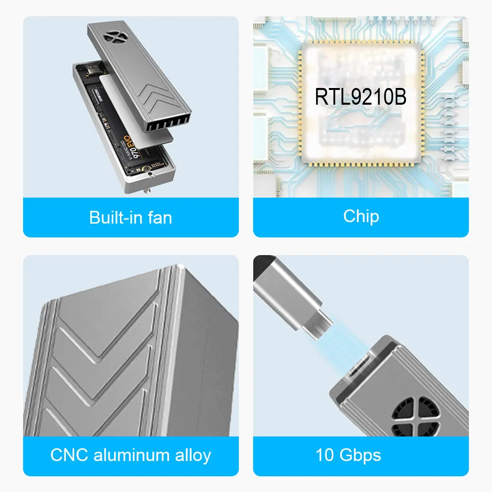 듀얼 프로토콜 M.2 SSD 케이스 (쿨링 팬 포함) M2 NVMe NGFF SATA SSD 디스크 지원 (팬 포함) PCIe M 키 및 B M 키 USB C 10Gbps