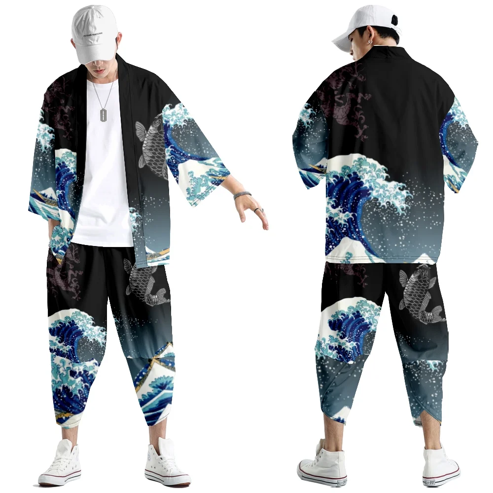 Large Size 5XL 6XL Japanese Kimono Cardigan Pants Set Print Hannya Men Women Shirt Tradition Yukata Haori Obi Cosplay Costume