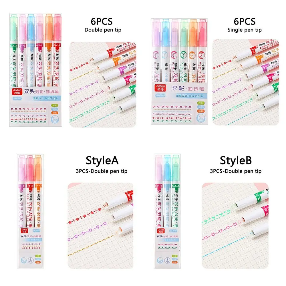 Double Pen Tip Curve Line Highlighter Pen 3/6PCS Creative Flower-shaped Curve Line Marker Student School Supplies Stationery