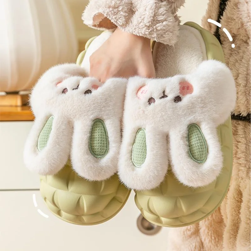 

Cute Cartoon Rabbit Thick-soled Shoes Animal Winter Waterproof Warm Plush Slippers Anti-slip Indoor Outdoor Women Men Slippers