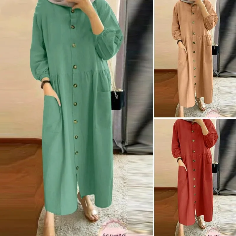 2025 Luxury Fashion Muslim Women's Retro Casual Cardigan with Pocket Bohemian Dress Round Neck Bubble Sleeves Loose Sun Skirt 2