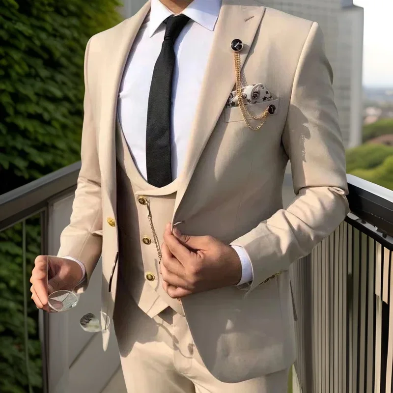 

Formal Men's Suits Slim Fit 3 Pieces Italian Style Wedding Groom Tuxedo Peak Lapel Business Fashion Costume (Jacket+Pant+Vest)