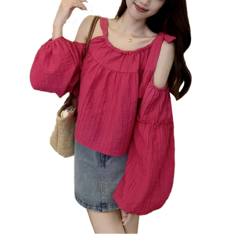 Women y2k Clothes Sexy Solid Color Tie Shoulder Lantern Cold Shoulder Long Sleeve Blouses Tops 2000s Shirts Streetwear