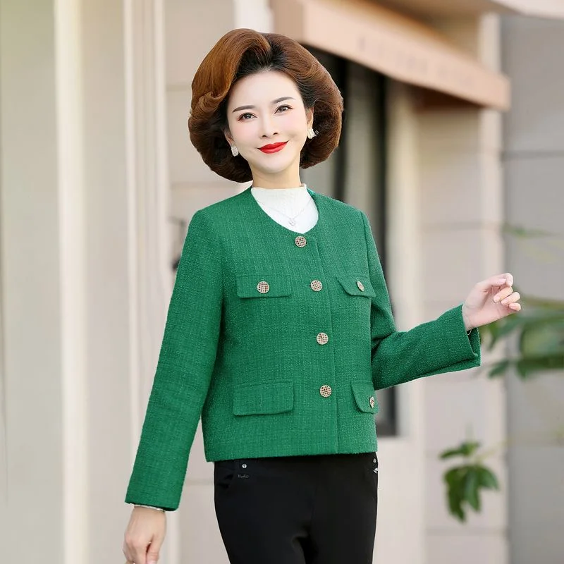 High End Small Fragrant Style for Middle-aged Elderly In 2023 Spring Autumn New  Round Neck Top Button Short Jacket Top Trend