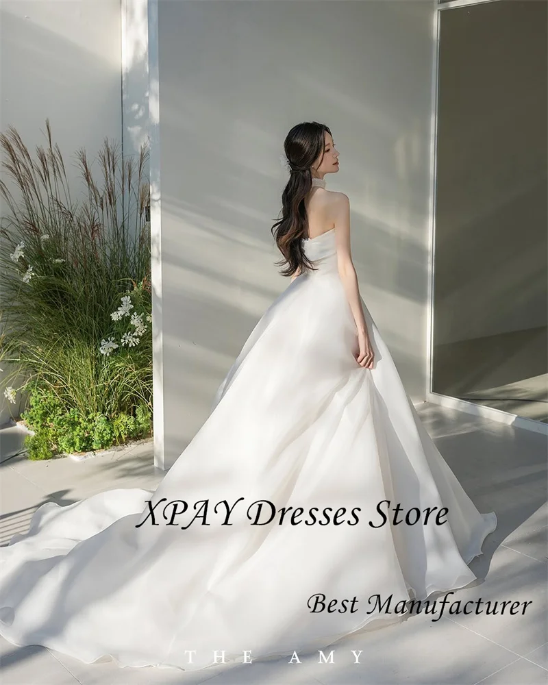 XPAY Princess Silk Organza A Line Wedding Dresses Photo shoot Strapless Beads Floor Length Bridal Gowns Korea Customized Corset