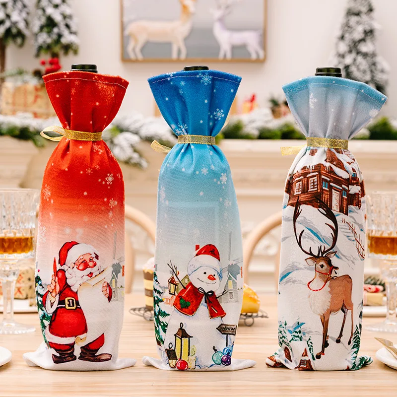 

New Christmas decoration supplies wine bottle cover super soft cloth printed cartoon old man red wine bottle cover champagne bag