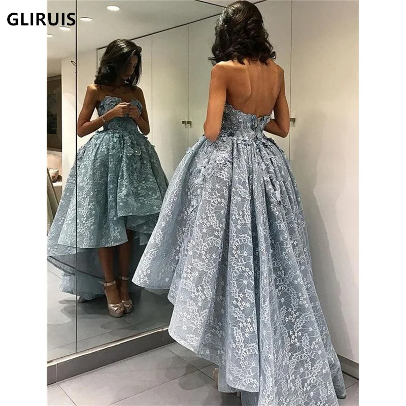 

Exquisite Backless Evening Dresses Appliques Beads Ball Gown High-Low Pleat Ruched Sweetheart Women Party Dress Satin Prom Gowns