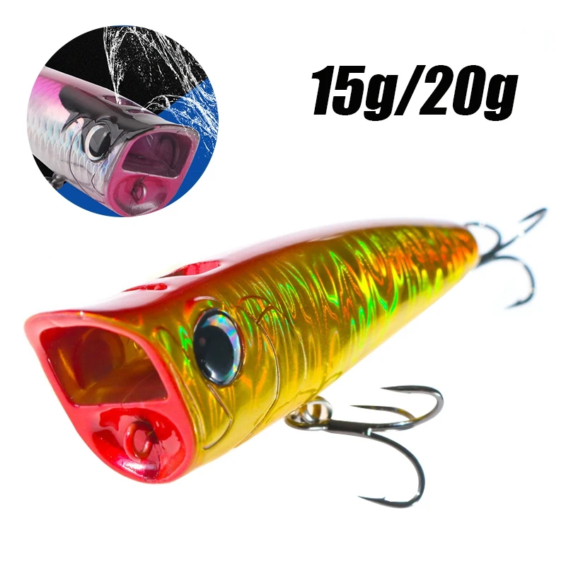 15/20g Popper Fishing Lure Topwater Artificial Bait Spinning Hard Baits Saltwater Fishing Bait for Bass Pike with 2 Treble Hooks
