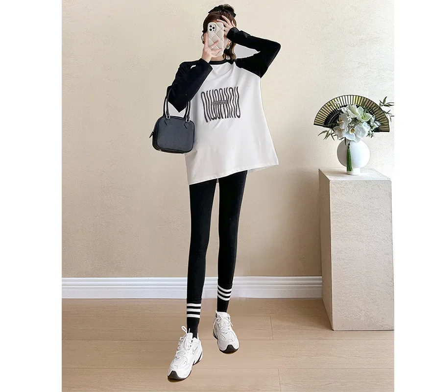 Maternity Fashion Long Sleeve T-Shirt Loose Patchwork Base Layer Shirt for Pregnant Women Autumn Spring Seasonal Wear