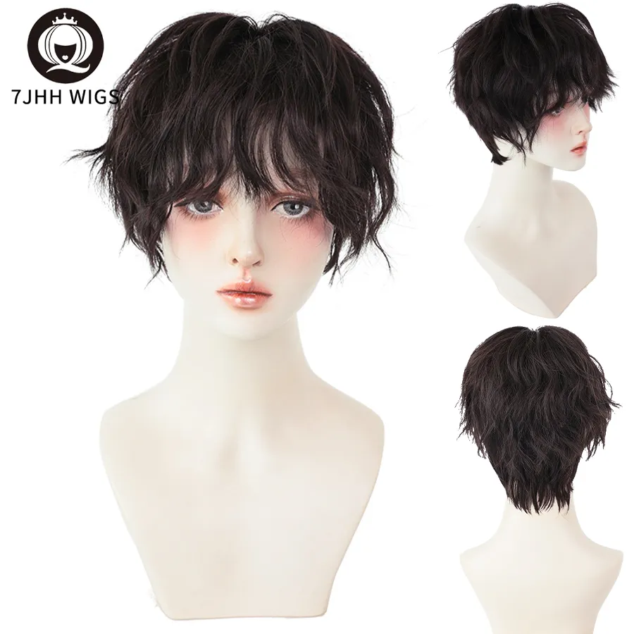 7JHH WIGS Short Bob Black Wigs For Women Curly Crochet Male Hair With Bang Synthetic Heat Resistant Brown Daily Wear Wig