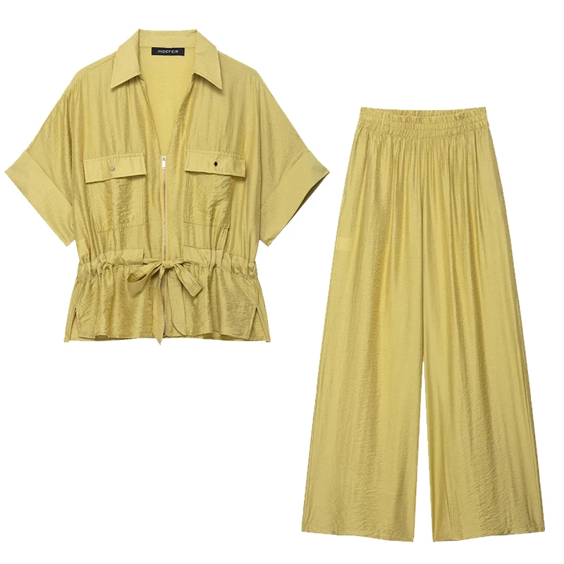 Wide Leg Pant Set 2 Pieces Sets For Women Outfits 2025 New Fashion Short Sleeve Shirt Women's Suit Casual Two Pieces Set