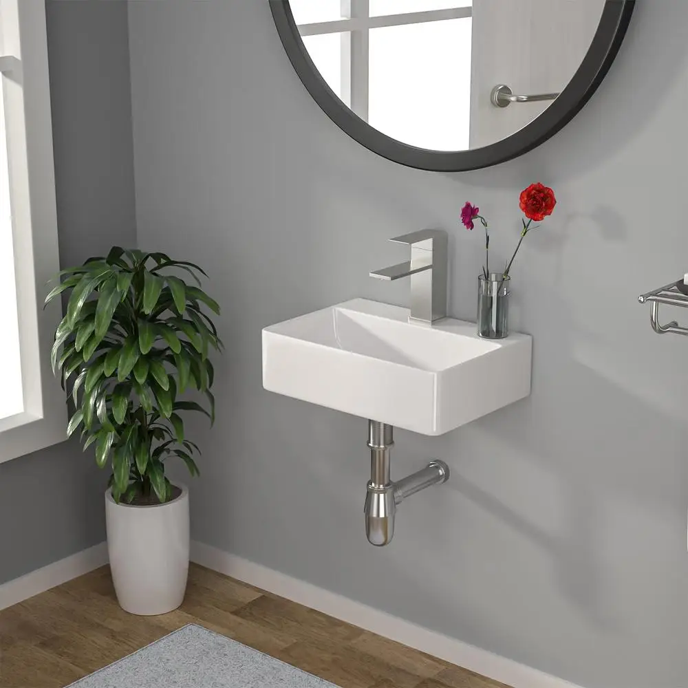 Rectangle Vessel Sink Wall Mounted White Porcelain Ceramic 14" x 10" Modern Bathroom Hung Easy Clean Sturdy Durable Fast Install 5