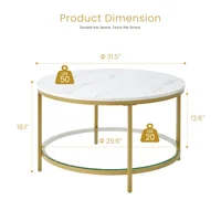JHK 31IN Marble Round Coffee Table For Living Room 2-Tier Center Counter with Storage Metal Frame Glass Base Tables Modern 3