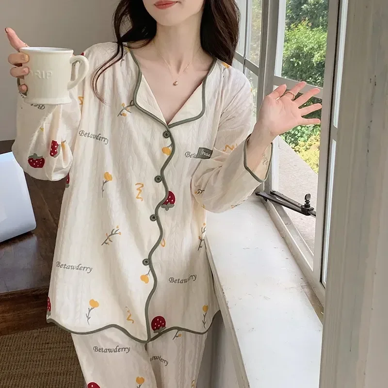 

Sleep Blouse Pajamas Girls Pajama 2 Autumn Sweet for Sets Long Fashion PCS Sleeve Print Women Korean Wear Home Trouser