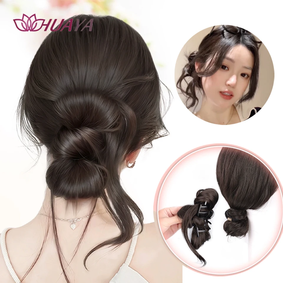 Synthetic Hair Bun Chignons Claw Clip Ponytail Hair Extensions Bow Lazy Style Dragon Beard Bun Hairpiece for Women Daily Wear