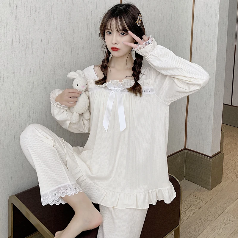 Spring and autumn new cotton pajamas women's lace lace sweet little fresh princess style long-sleeved trousers home service