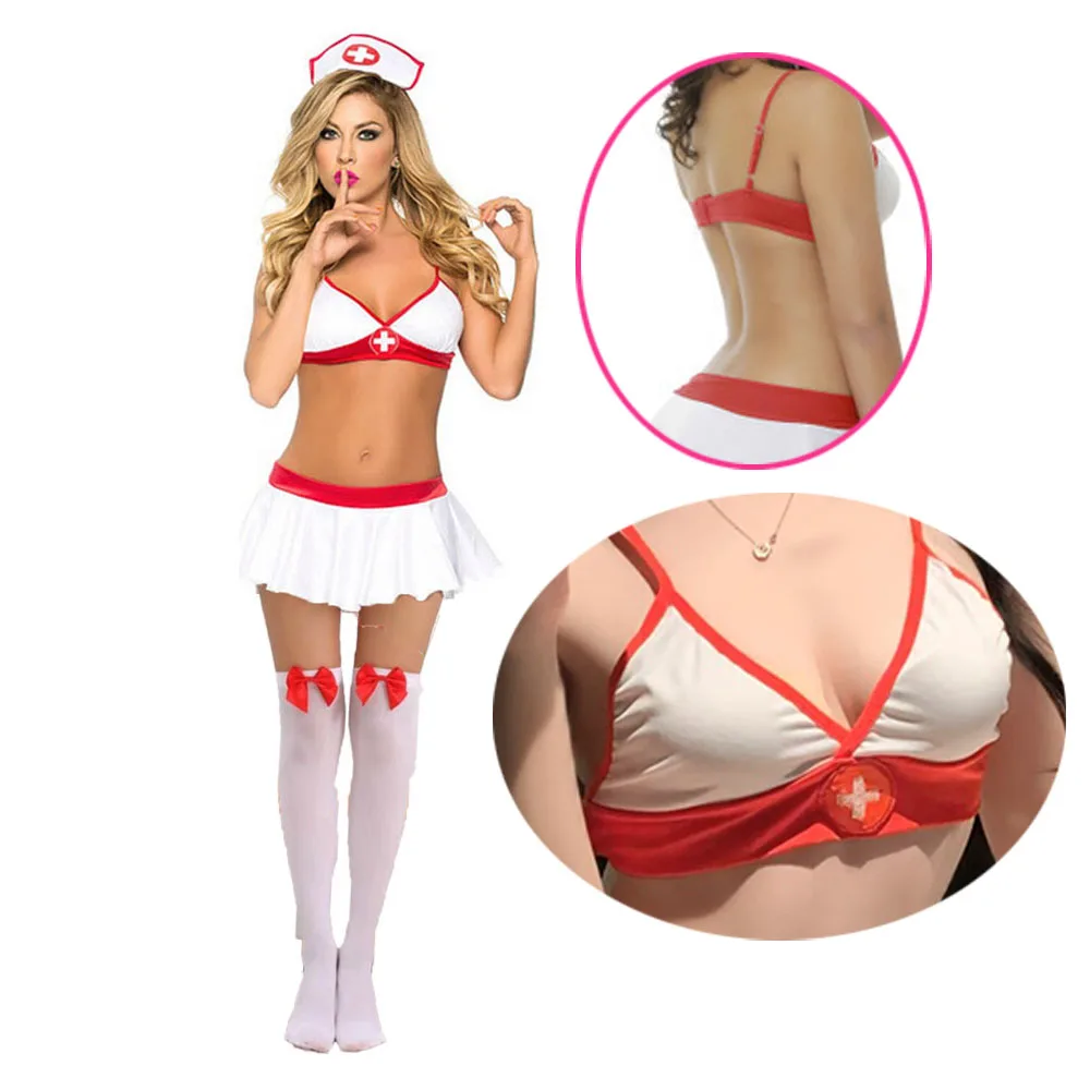 Nurse Roleplay Lingerie Set-Adjustable Crisscross Cap Bow Miniskirt High Knee Stocking Cosplay Lolita lingerie costumes