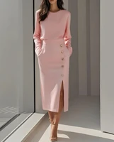 Women's  Solid Color Long Sleeves Elegant Midi Dress with Button Details and Side Slit - Crew Neck - Image 3