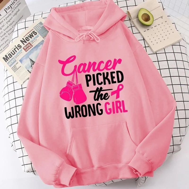 

Cute Cancer Picked The Wrong Girl Breast Cancer Awareness Letter Printing Hoodies Loose Sweatshirt Women Long Sleeve Casual Tops