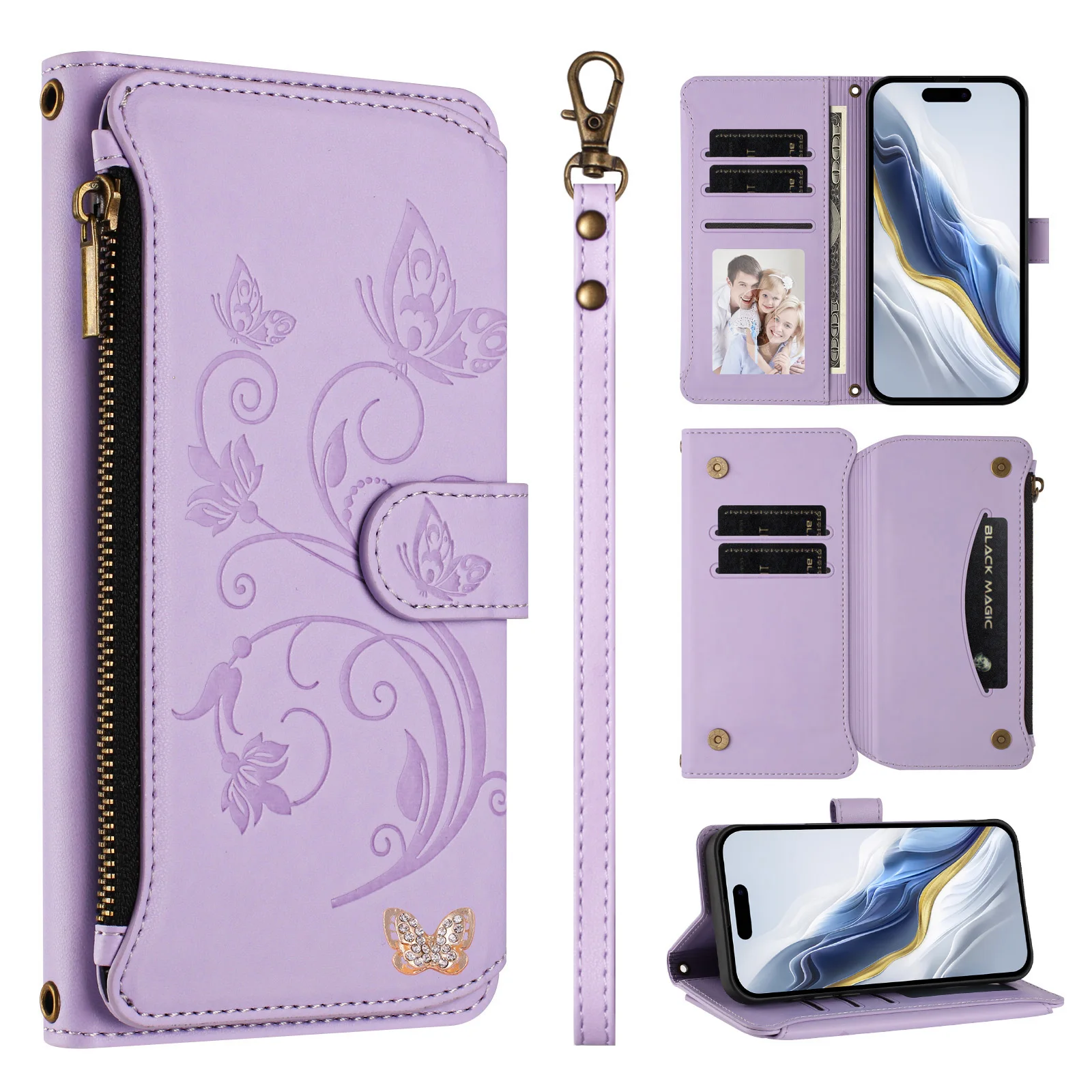 Wrist Zipper Wallet Case with Wireless Charging Leather Flip Cover and 5 Card Slots