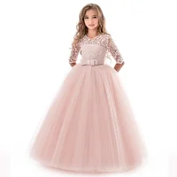 Robe fille 4-14 ans fille arc à manches longues robe de princesse dentelle longue maille robe robe de mariée fleur fille PerformanceDress 1