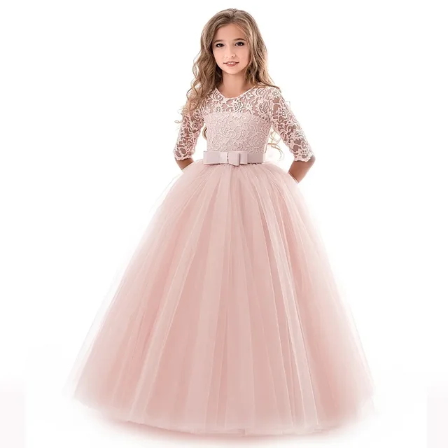 Robe fille 4-14 ans fille arc à manches longues robe de princesse dentelle longue maille robe robe de mariée fleur fille PerformanceDress 1