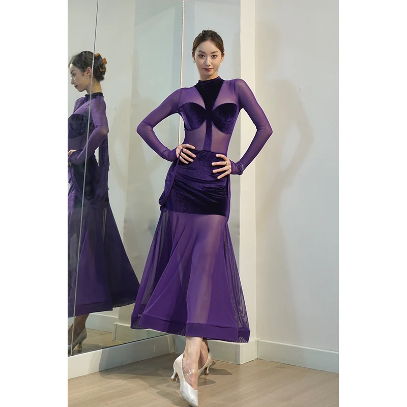 紫色ベルベット社交ダンスドレス 紫色ベルベット社交ダンスドレス 女性のベルベットの社交ダンス服,紫色