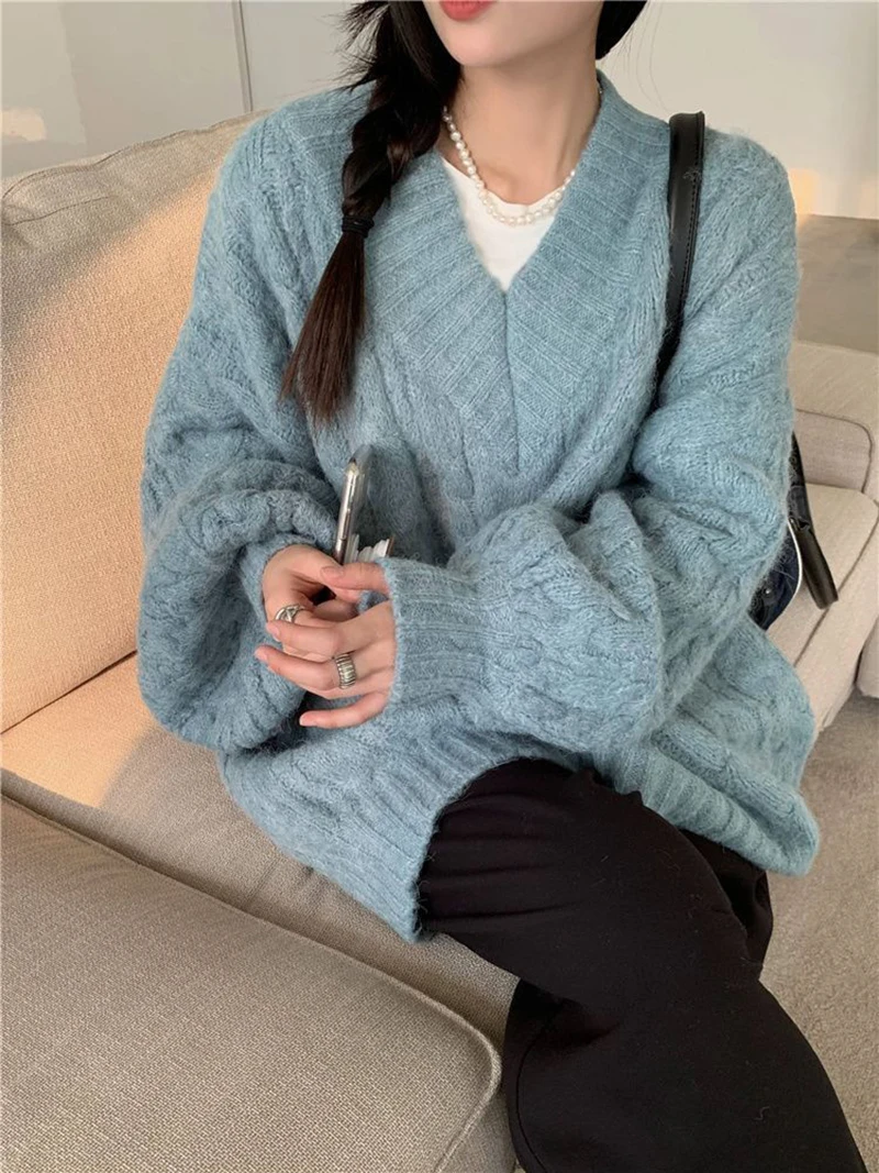 Oversized Sweater Women Fashion Preppy Pink V Neck Knitted Pullovers Harajuku Korean Long Sleeve Knitwear Winter Jumpers