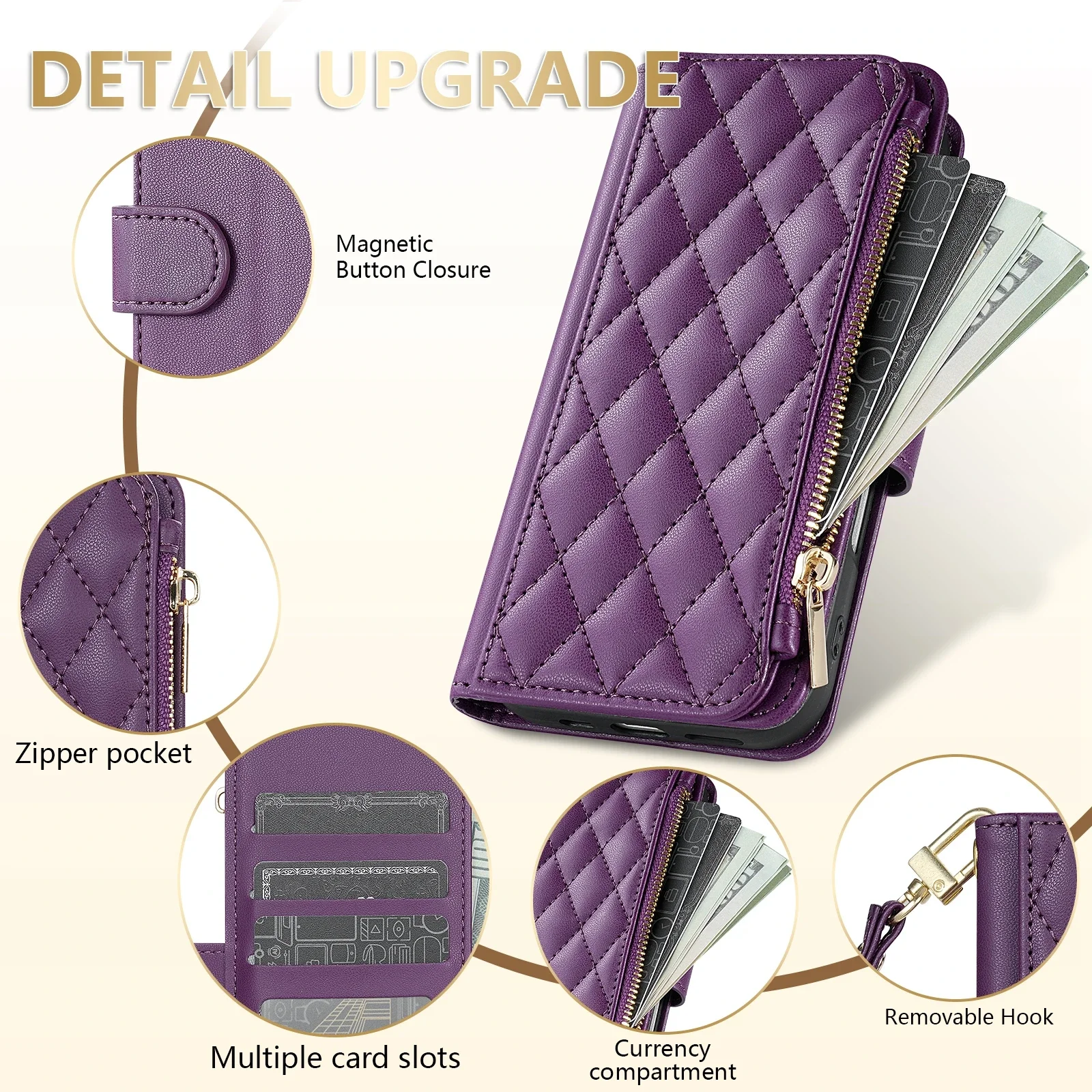 Compact Fragrance Zipper Card Slot Stand Magnetic Flip Leather Wallet Case Cover