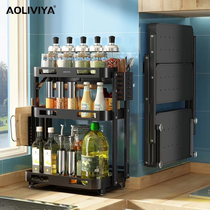 

AOLIVIYA Installation-free Kitchen Spice Rack Stainless Steel Folding Tabletop Multi-layer Seasoning Bottle Organizer