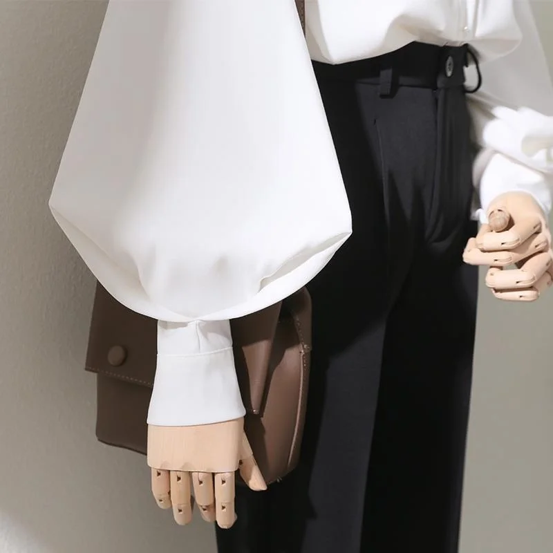Woman Spring Autumn Style Blouses Shirt Lady Long Lantern Sleeve Stand Collar Loose Tops