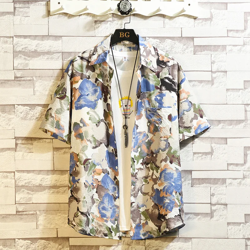 

Vintage Shirt Men Casual Print Shirt Flowers Retro Harajuku Shirt Men Summer Blouse Short Sleeve Top Fashion Camisas Hombre 5XL