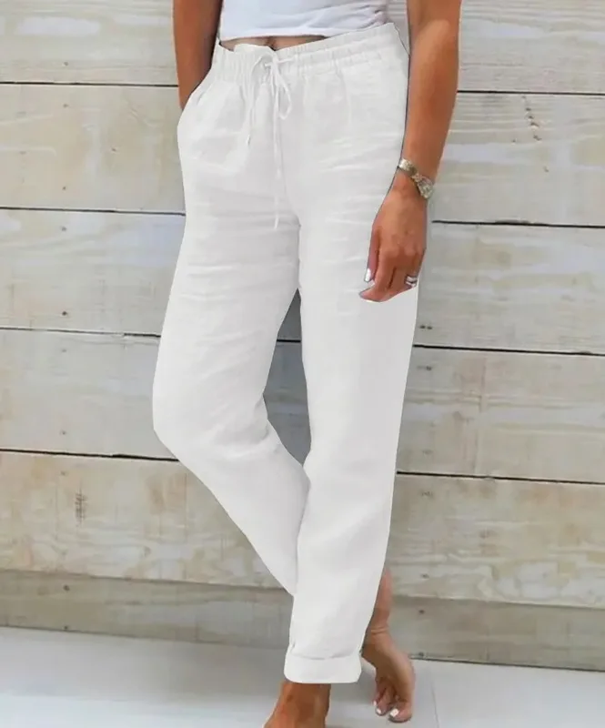 Cotton Linen Pants High Waist Elastic Trousers Streetwear