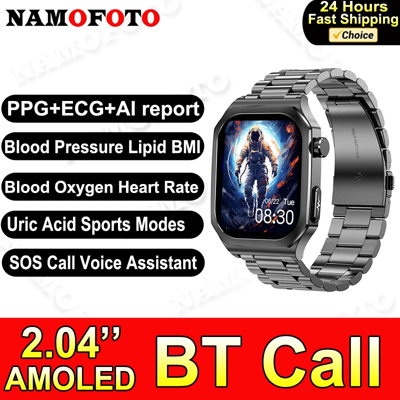 

2024 New AMOLED Smart Watch 2.04" Men ECG Clock Uric Acid Blood Lipid Pressure Wristwatch Women SOS Bluetooth Call Smartwatch